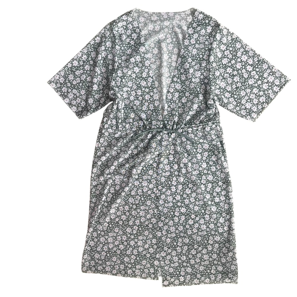 Girl's 14 Green White Pink Floral Short Sl Drawstring Kimono Beach Swim Cover-up
